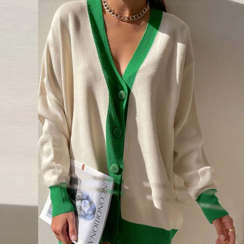 

Fashion Casual Tops Women Knitted Cardigan Sweaters 2023 Autumn New Full-Sleeve Single-breasted V-neck Loose Long Sweater Coat