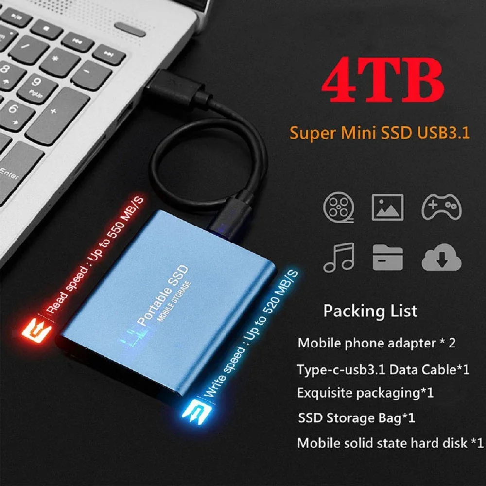 휴대용 SSD 1TB 고속 모바일 솔리드 스테이트 드라이브, 외장 스토리지, 노트북 PC Mac용 C타입 USB 3.1 인터페이스 결정, 500GB