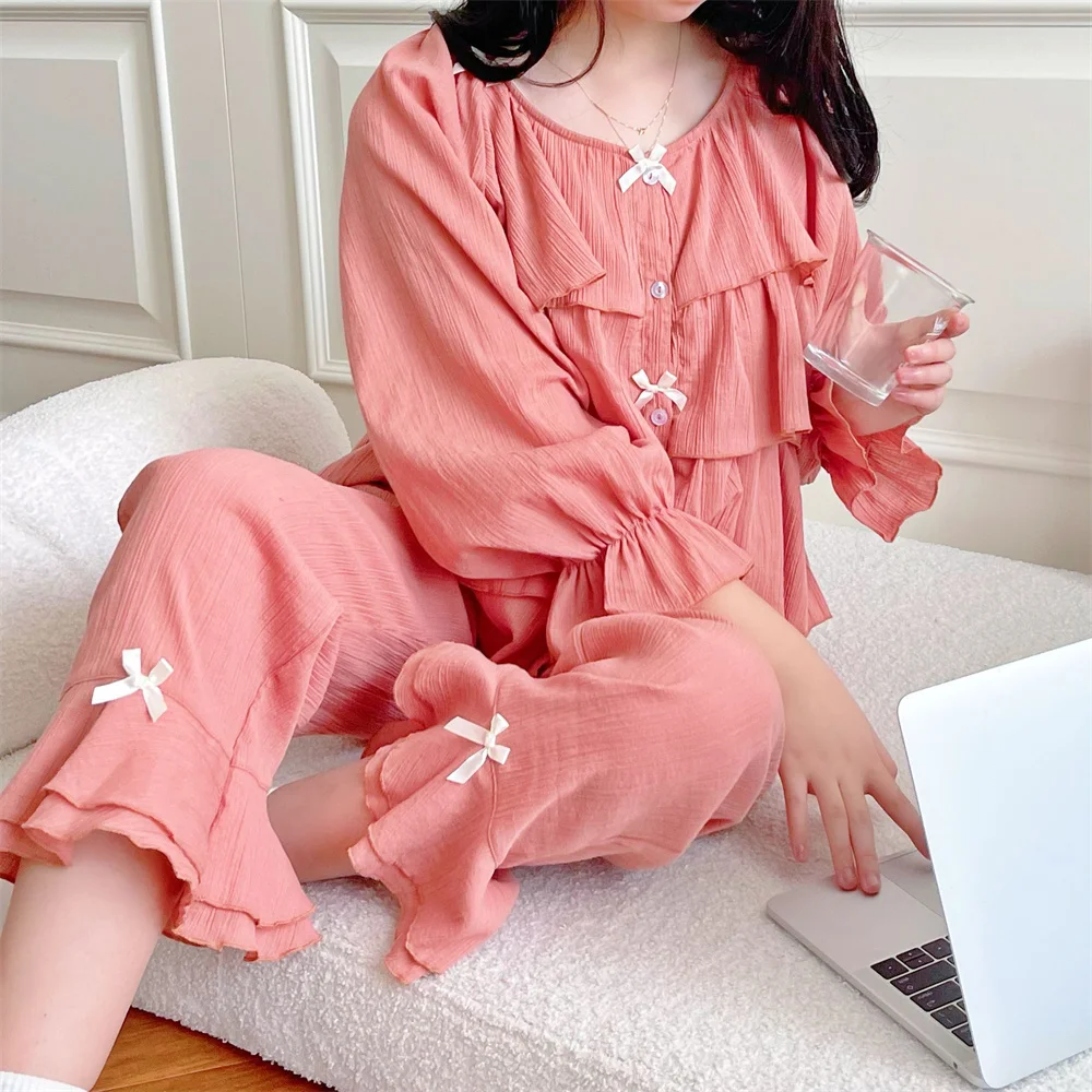 Swee Cute Cotton Pajamas Set Sleepwear Women Retro Palace Style Princess Pijamas Suit Loose White Ruffle Home Wear Loungewear