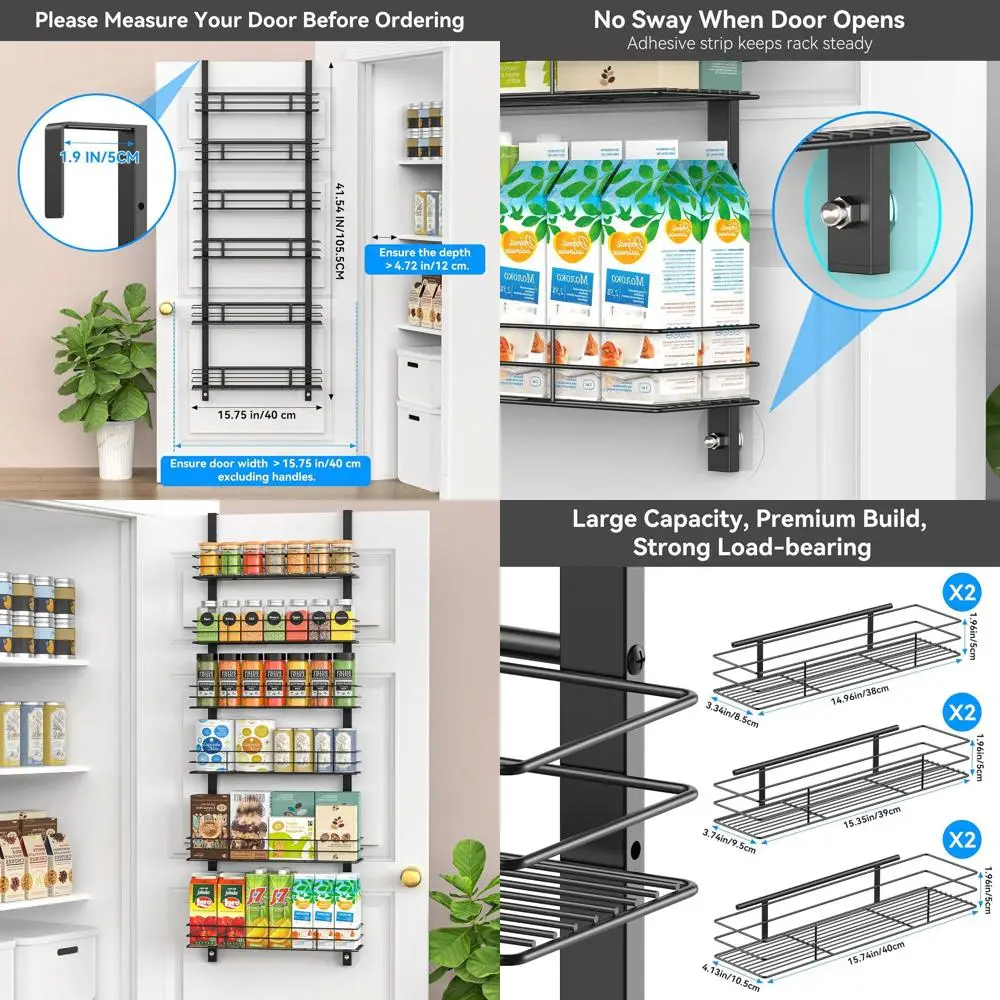 

6-ярусная подвесная полка для специй на дверь, вместительный регулируемый органайзер для кладовой с 3 корзинами, крепление на дверь без сверления, He