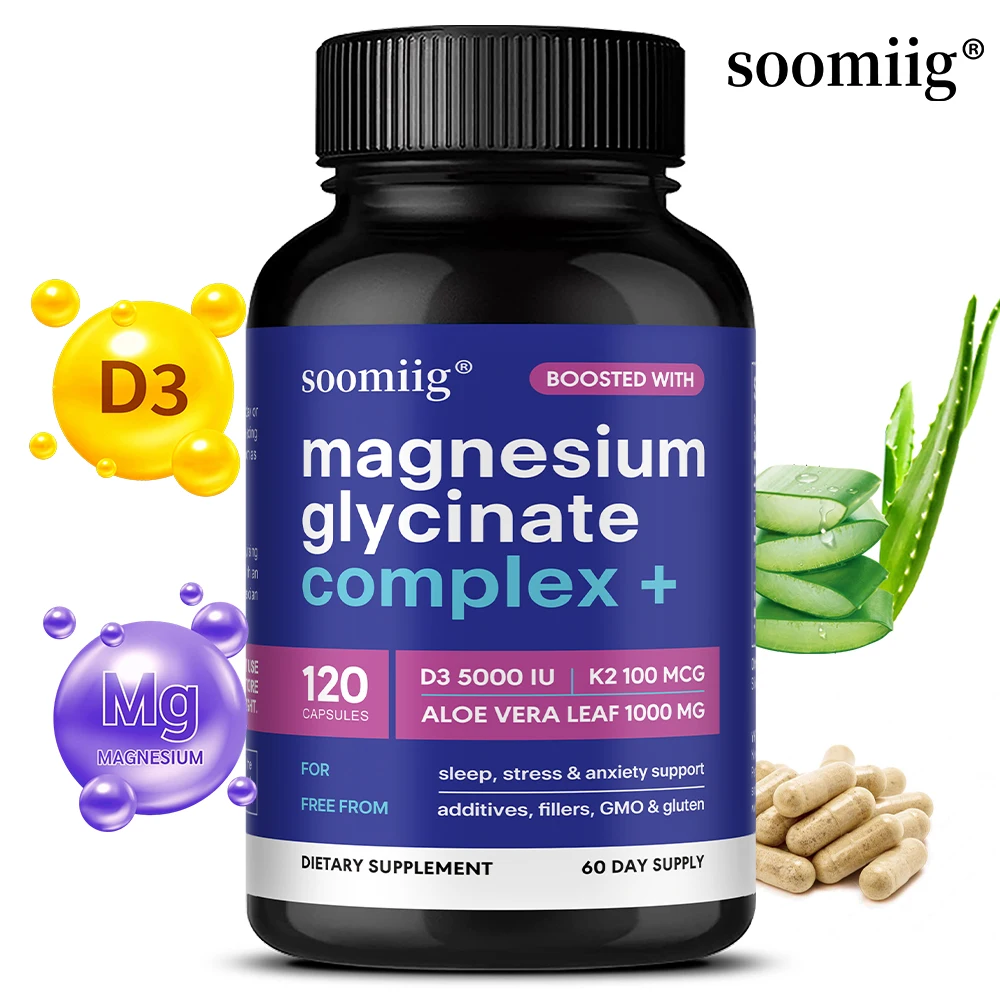 

Pure Magnesium Glycinate Capsules - with Aloe Vera, D3 & K2 Complex,Sleep, Stress & Anxiety Support,GMO & gluten