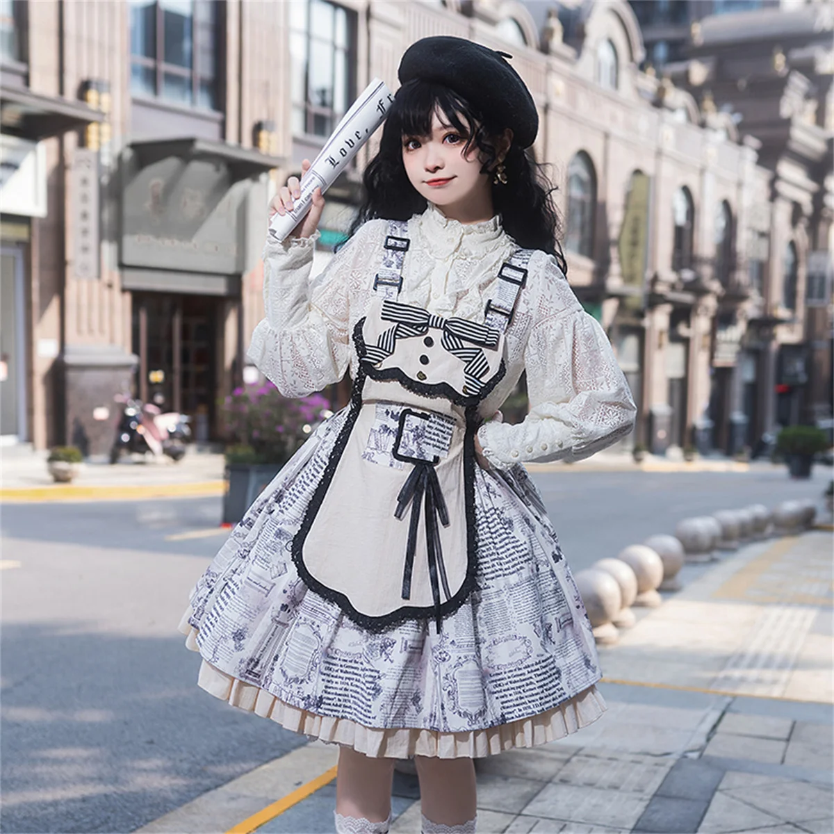 

French Vintage Style Lolita Cosplay Sweet Girls Jsk Printing Newspapers Letters Ribbon Bowknot Stripes Apron Ruffle Dress