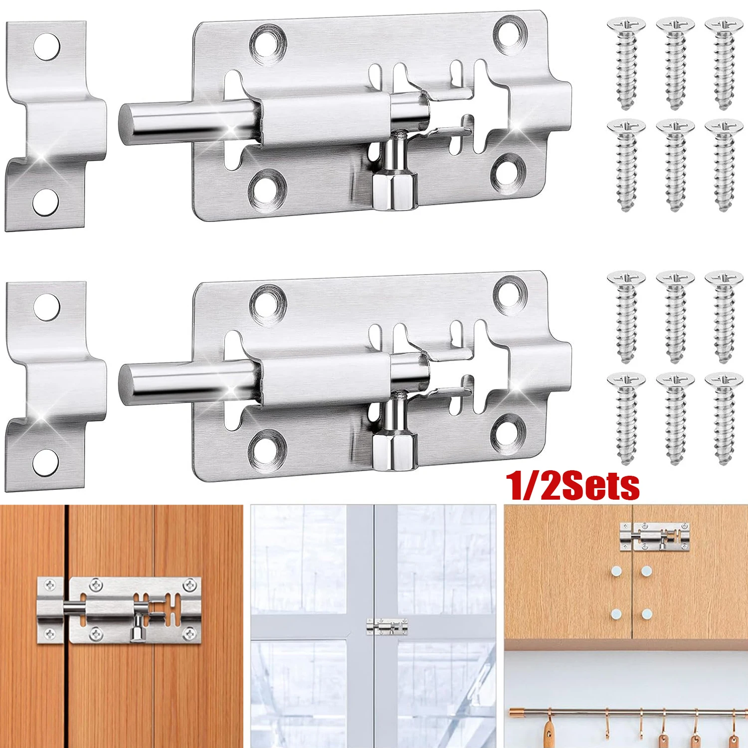 1-2Pcs Barrel Bolt Latch 3 Inches Stainless Steel Slide Bolt Latch Thickened Door Bolt Lock with Screws for Door Windows Cabinet