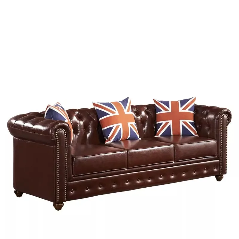 American light luxury leather sofa living room first layer cowhide retro pull button oil wax leather sofa club cigar bar sofa
