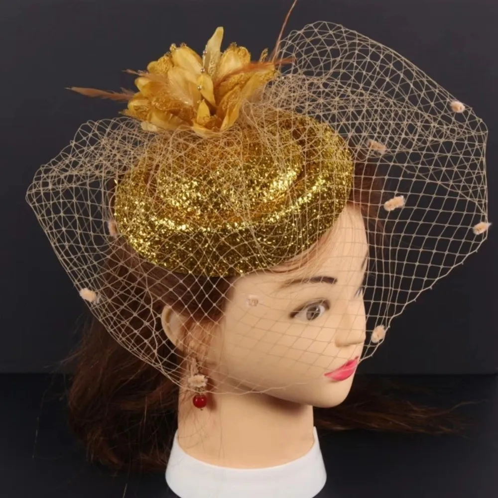 Temperament Solid Color Felt Fascinator Hat Wave Point French Style Bridal Headdress Mesh Feather Flower Small Top Hat Tiaras