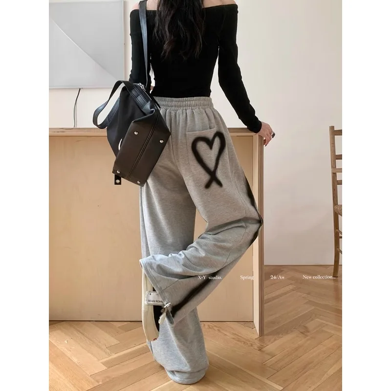 

Streetwear Loving Graffiti Loose Casual Pants Women 2024 Spring New High Waist Drawstring Fashion All Match Wide Leg Pants