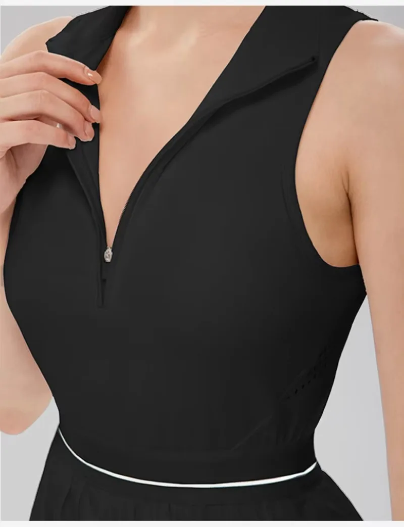 Damen-Tenniskleid mit Reißverschluss, Polokragen, integriertem BH und kurzen Ärmeln, atmungsaktives, ärmelloses Golf- und Sportkleid, schnelltrocknend, dehnbar, ideal für sportliche Aktivitäten. – Detail 14
