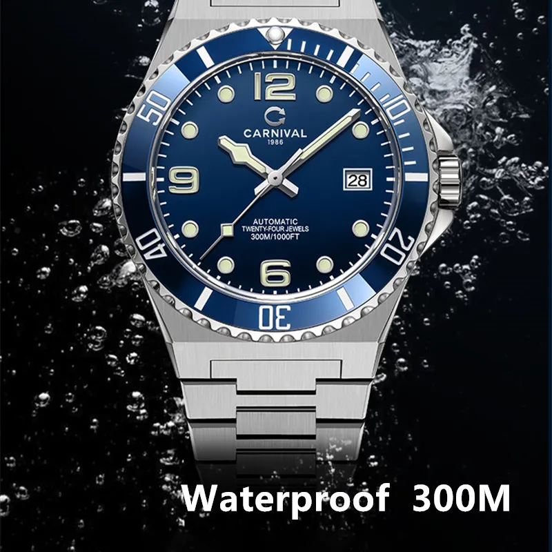 Carnival NH35 MIYOTA Automatic Watch for Men Waterproof 300M Military Deepsea Diving Watches Mechanical Padi мужские часы Bezel