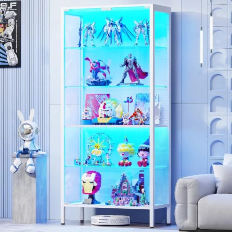 Glass Display Cabinet, 5-Tier Display Case with Adjustable Glass Shelves, Metal Curio Cabinet with 3 Color Lights for Collectib