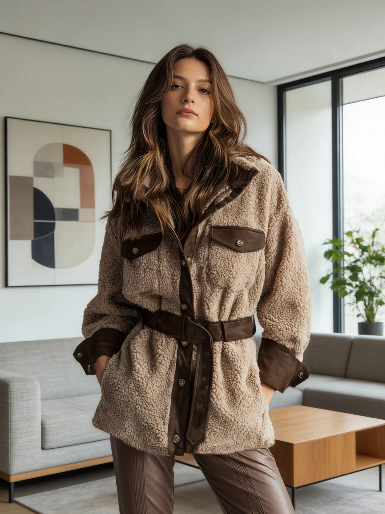 

Autumn and winter women's fashionable warm casual jacket, fleece splicing pocket belt retro women's coat