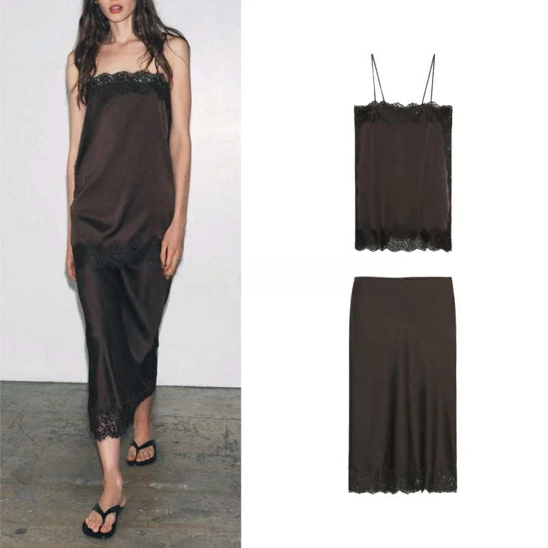 실크 새틴 질감 레이스 탑과 스커트 세트 여성 패션 의상 스트레이트 칼라 레이스 소재 스커트 성인용