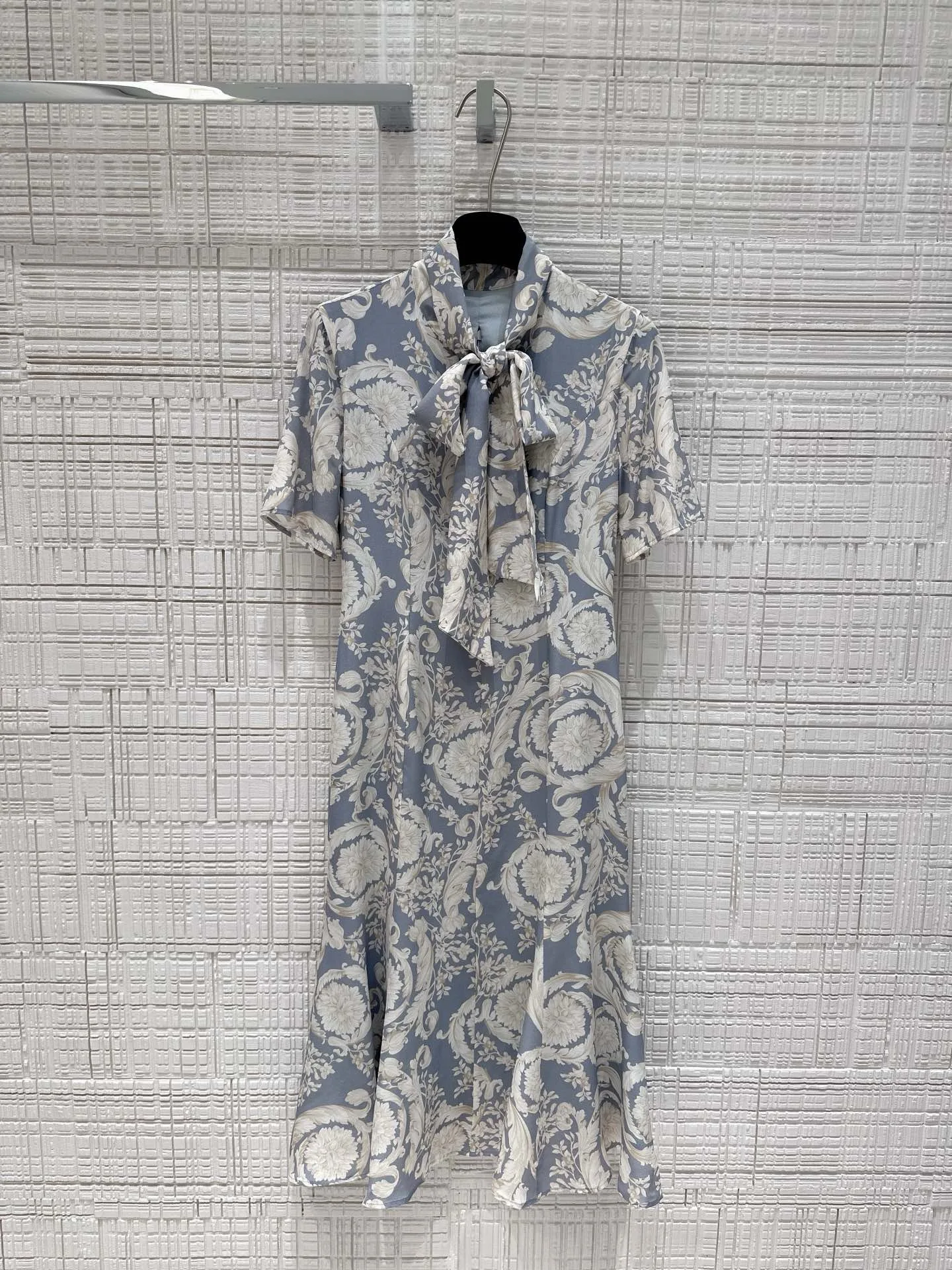 EVACANDIS 100% Real Silk Women Printing Short Sleeve Lace-up Collar Midi Dress High Quality Vintage Elegant Tunic Chic Sweet