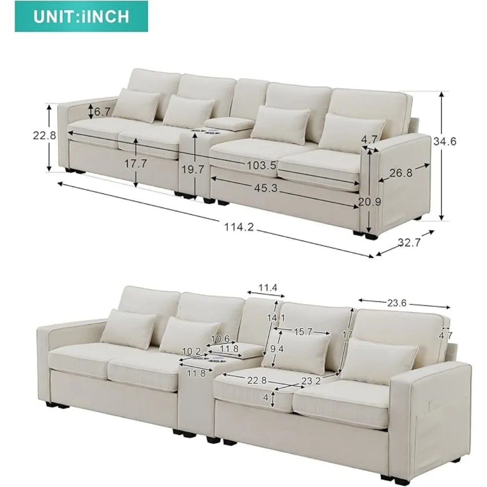 Upholstered Sectional Sofa with Console,114.2inch Linen Fabric 4-Seat Couch with 4 Pillows for Living Room, Apartment, Office,