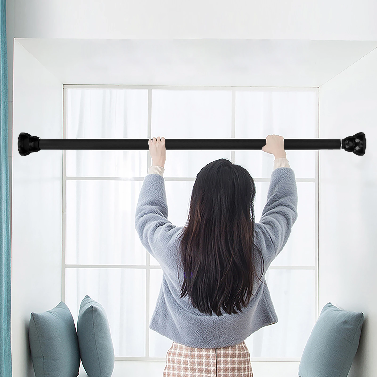 Shower Extendable Curtain Rod Black Stainless Steel Curtain Rod Without Drilling Telescopic Curtain Pole For Bathroom WindowTool