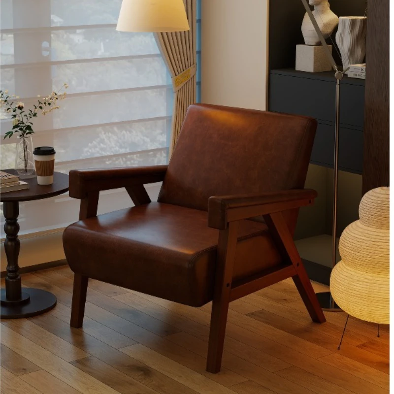

Retro solid wood single leather sofa chair, living room balcony home backrest seat