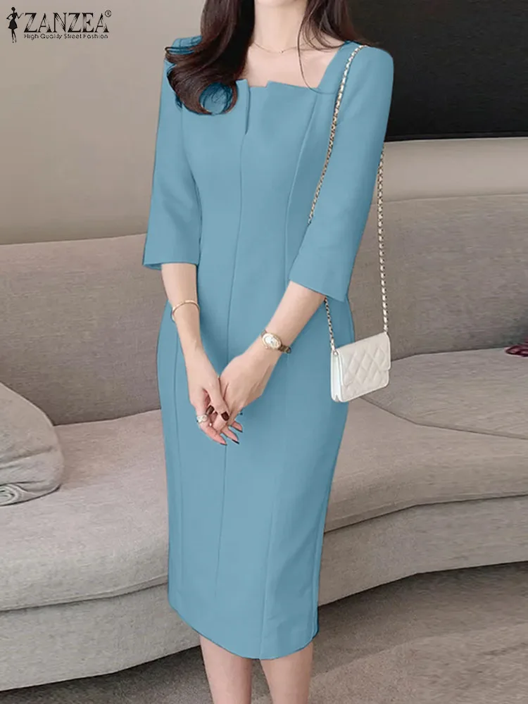 ZANZEA Square Neck Women Knee-length Dress Spliced Slim 3/4 Sleeve Commute Party Vestido Casual Solid Fashion Elegant Short Robe