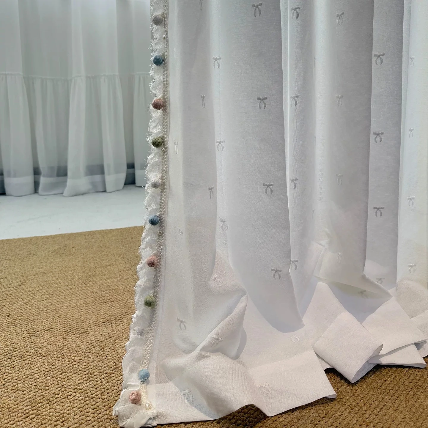 Bowknot Cream White Cotton Linen Embroidery Lace Screen Curtains for Living Room Bedroom French Window Balcony Window
