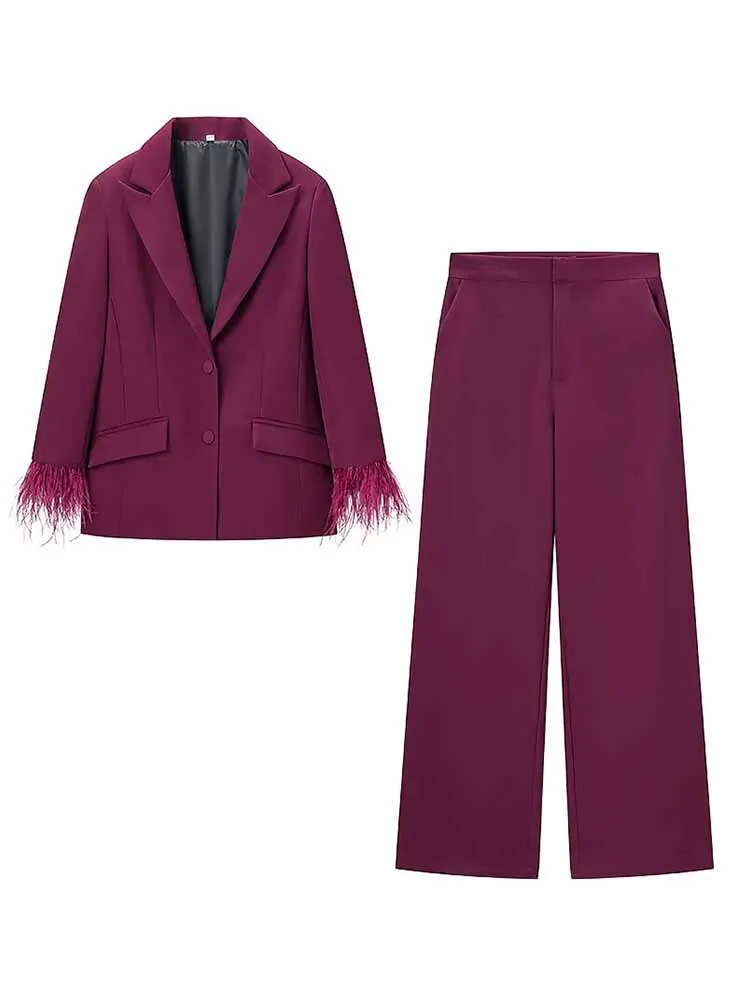 

HH Woman Spring Trend Fashion Solid Color Long Sleeves Feather Decoration Blazer + Zipper Trousers Female Casual Two Piece Set