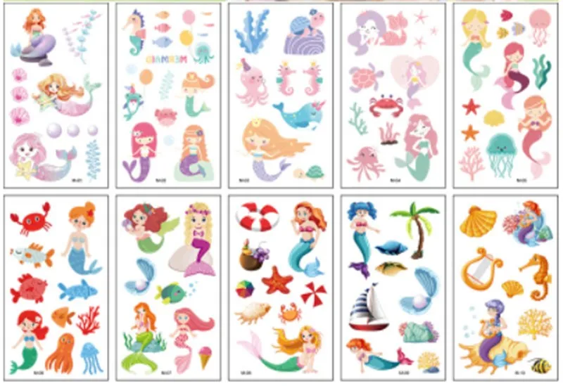 10pcs Temporary Mermaid Tattoo Sticker Small Fresh Cartoon Children Tattoo Sticker  Wrist Arm Leg  Foot Hand  Tattoo Sticker