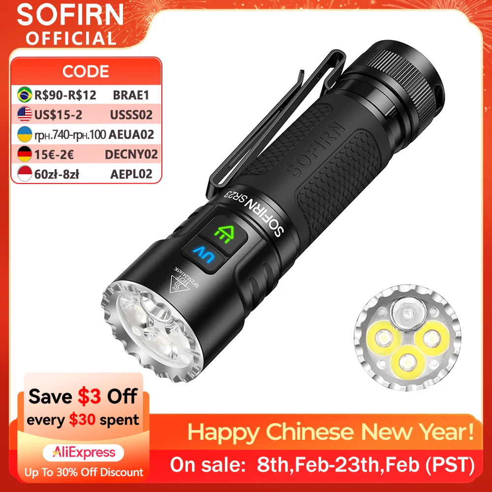 НОВЫЙ фонарик SOFIRN SR23 3300LM 6500K UV 365nm EDC Light 21700 USB C Перезаряжаемый фонарик с двумя переключателями и магнитной крышкой