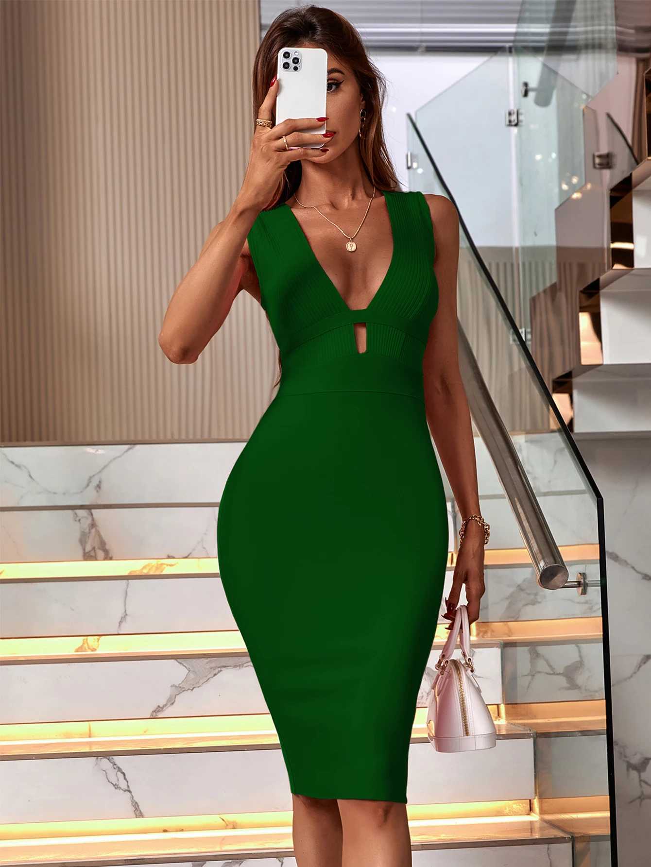 Damenmode Frühling Sommer Sexy Elegant Grün Midi Rückenfrei Figurbetontes Verbandkleid Party Cocktail Abendkleid Kleidung