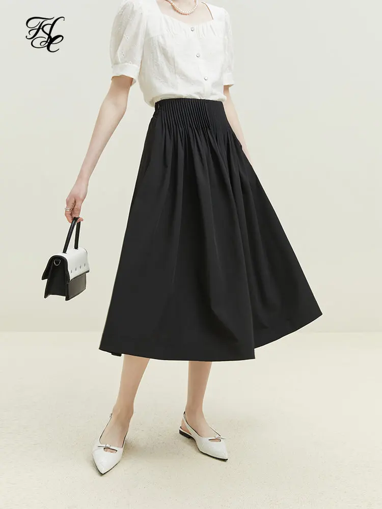 FSLE French Style A-line Skirt for Women Summer New Accordion Pleats High Waist Slim Thin Solid Color Umbrella Skirt Female