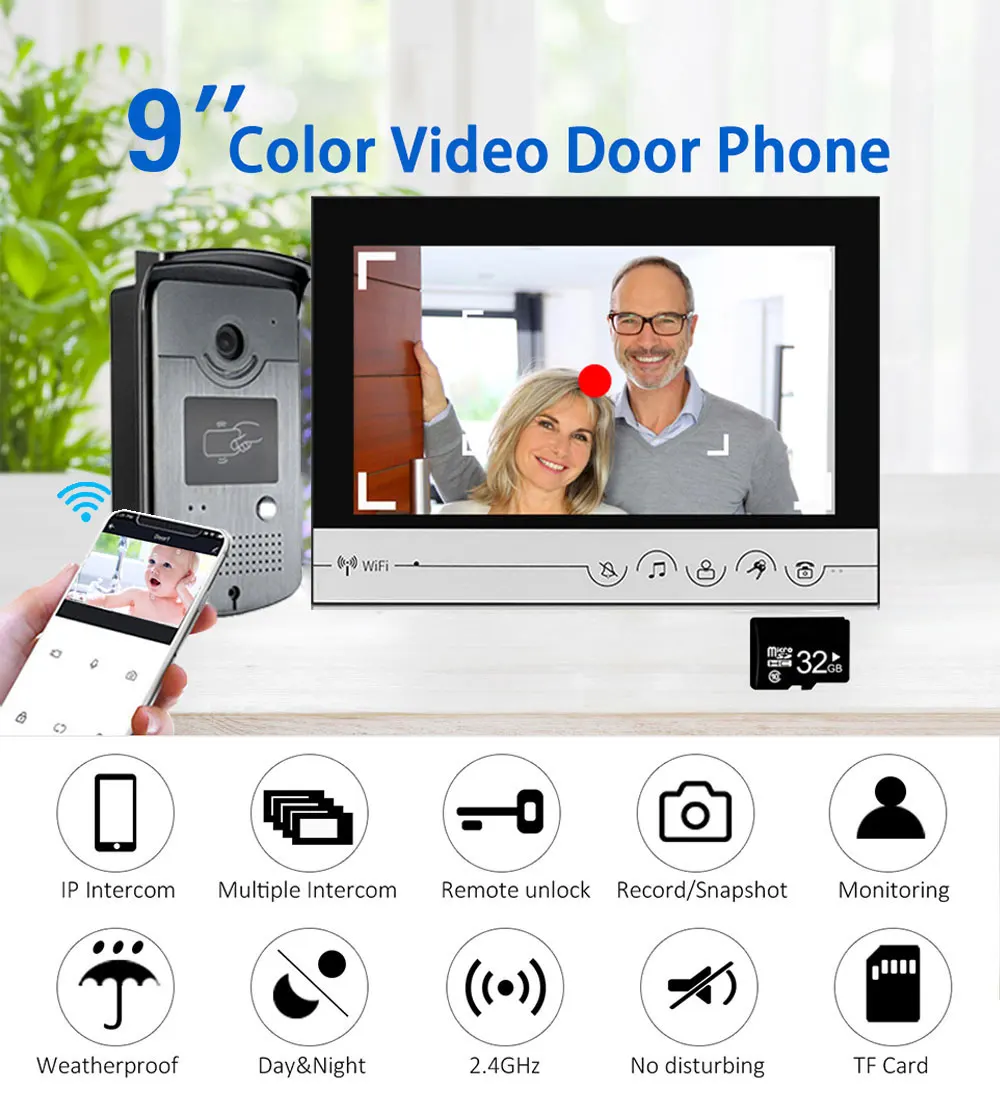 9 Inch Tuya Monitor Smart WiFi Video Doorbell Doorphone with RFID Access Camera Video Door Phone Intercom System Support TF Card