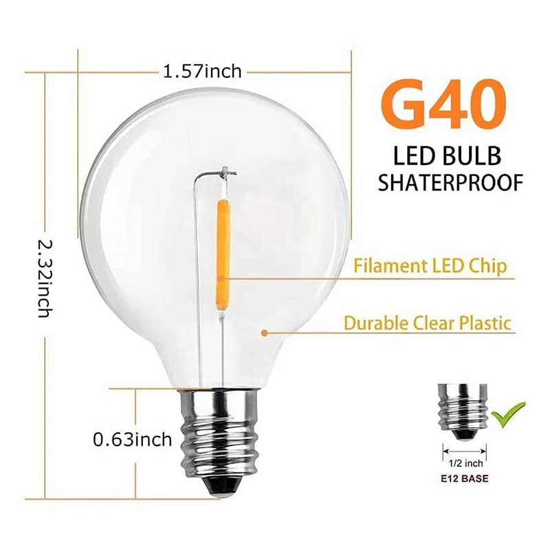 60 Pcs G40 LED Replacement Light Bulbs E12 Screw Base Shatterproof LED Globe Bulbs For Solar String Lights Warm