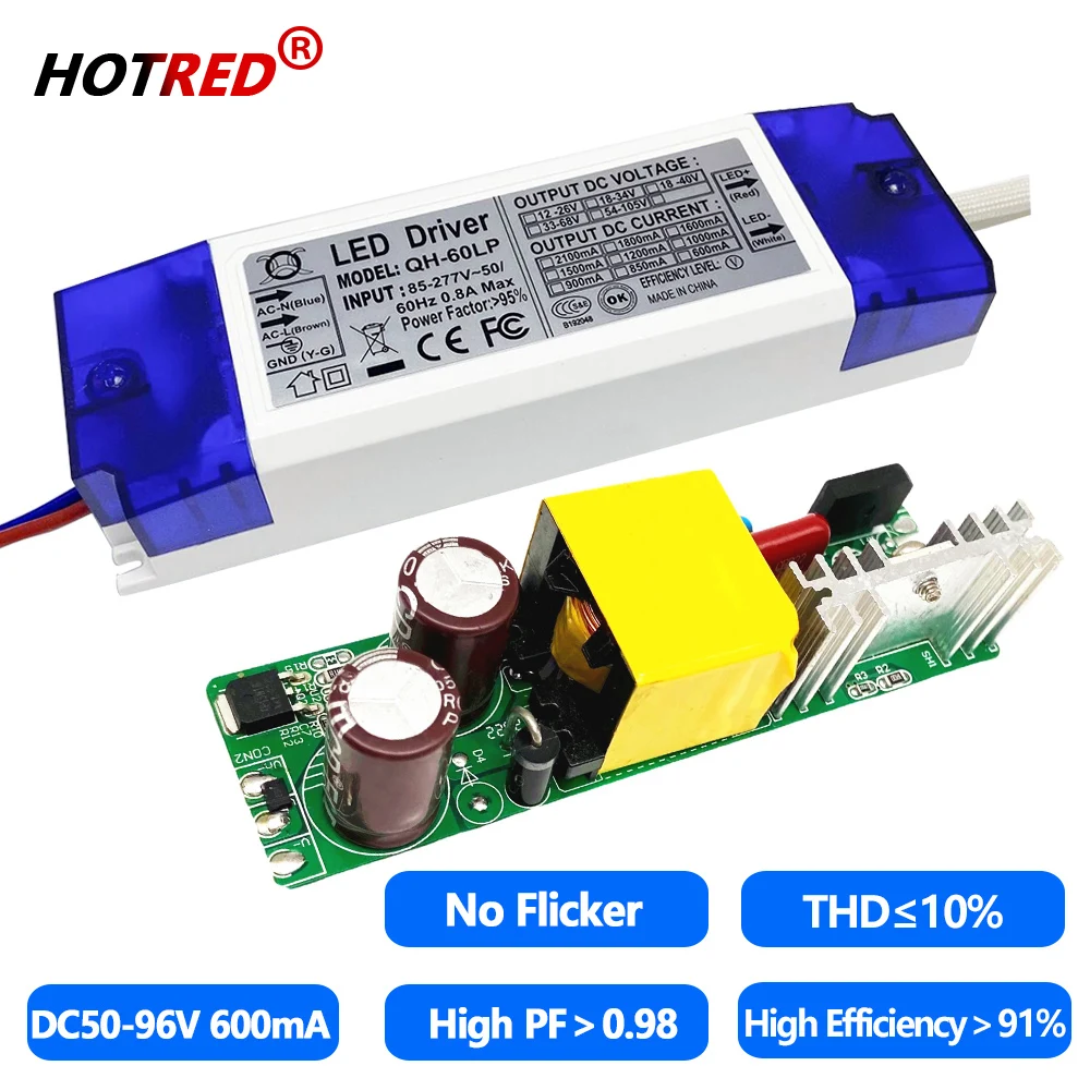 High PF No Flicker 40W 50W 60W LED Driver DC54-96V 600mA Constant Current18-30x3W 18X3W 20X3W Lighting Transformers Power Supply