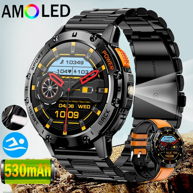 2024 New AMOLED Men's Smartwatch 1.43Inch Screen Bluetooth Call Flashlight 530mAh for Outdoor Sports with Health Monitoring(K65)