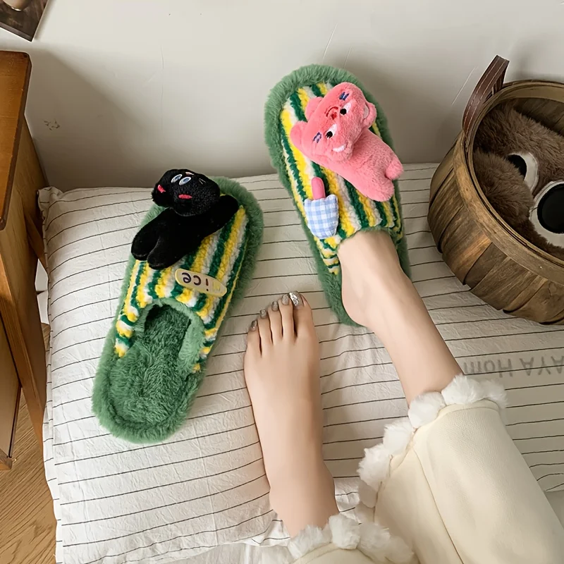 Super popular velo dos desenhos animados gato decoração outono-inverno antiderrapante casa senhoras interior ao ar livre chinelos macios felpudos