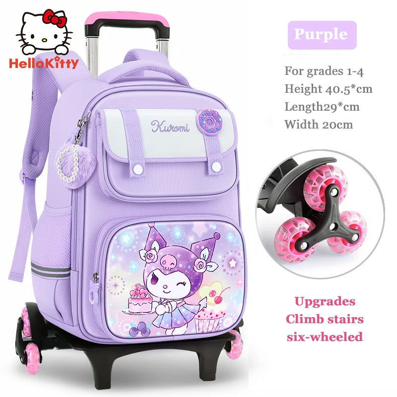 Miniso Kuromi Girls Schoolbag On Wheels Pupils 6 Rounds Trolley Bag Student Wheeled School Bag Children Backpack Grade1-3-6 Gift