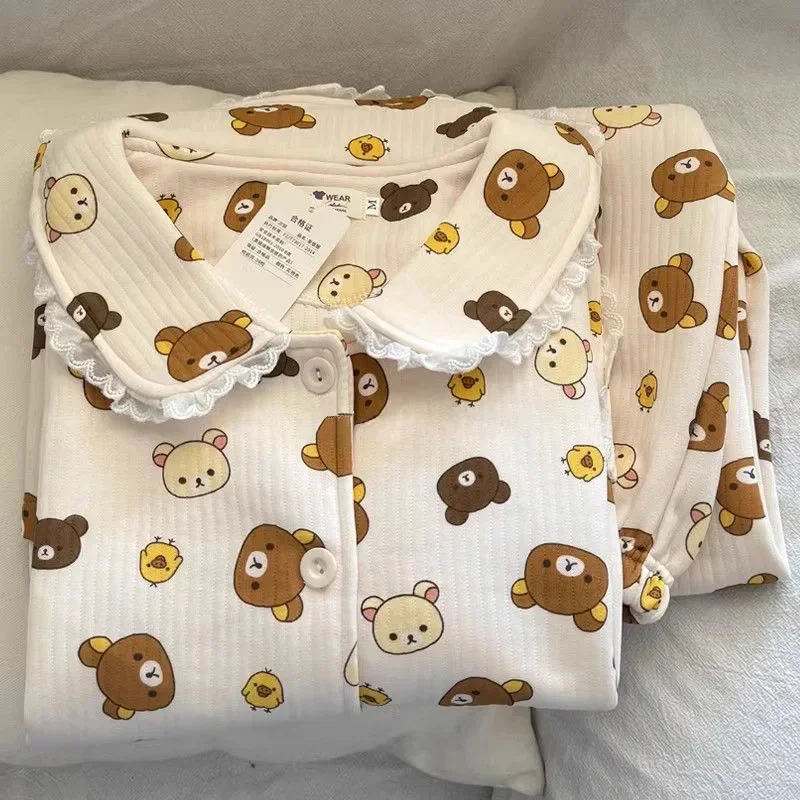 

Rilakkuma Pajama Set Embroidery Hoodie Autumn Winter Y2K Coral Fleece Pajama Women Cute Button Thin Warm Home Set Top Pants New