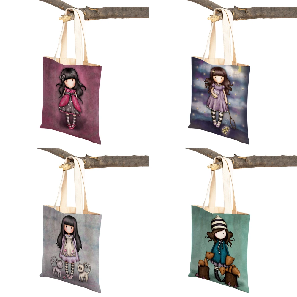 Both Sided Fashion Cartoon Little Girl Women Shopping Shoulder Bag Reusable Canvas Children Cute Tote Travel Handbag for Lady