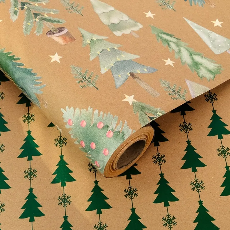 Christmas Wrapping Paper, Winter Forest And Green Tree Pattern, Double-Sided Kraft Paper, Suitable For Xmas Gifts, Party Favors