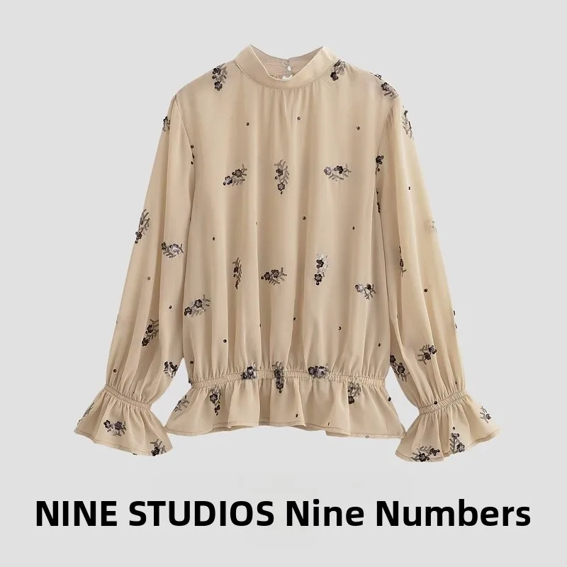 

NINE ZAR Women's Casual Long Sve irt Floral Embellied Stand Collar Design Commute Sle Loose Fit Polyester Fabric