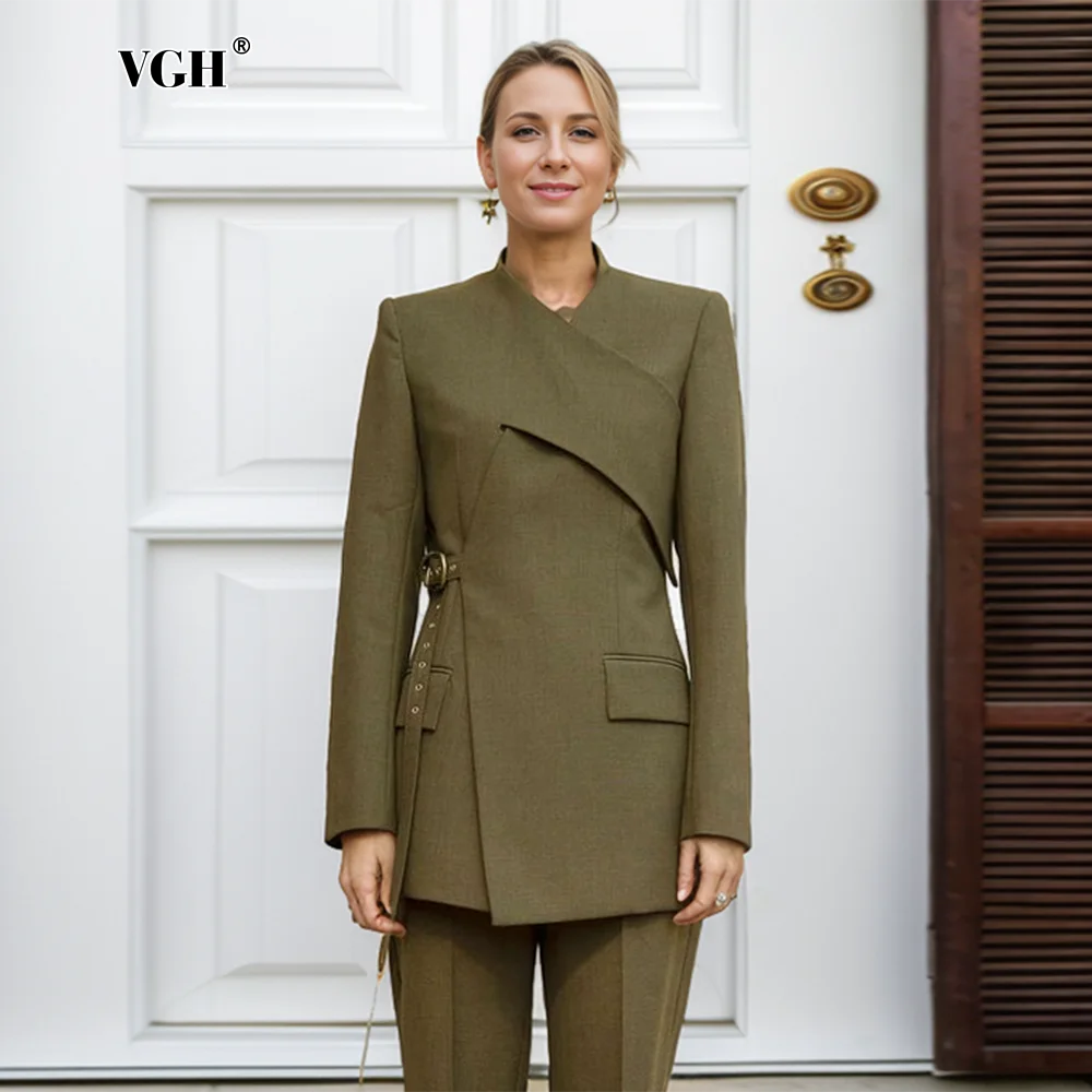 

VGH Temperament Spliced Belt Solid Tunic Blazers For Women V Neck Long Sleeve Patchwork Pockets Slimming Chic Blazer Female New