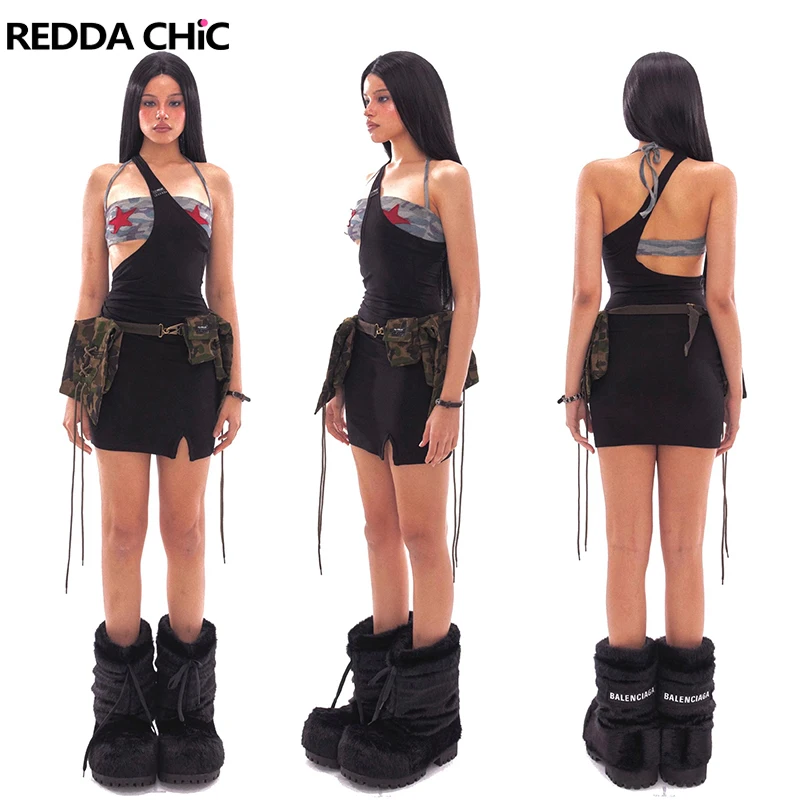 REDDACHiC Assassin Women Fanny Pack Top Mini Dress Set Bandage Halter Camo Top Asymmetric Split Bodycon Dress Grayu Y2k Clothes