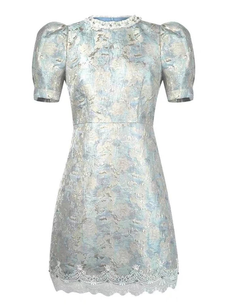 Frauen Kleidung Retro Blau Jacquard Puff Sleeve Spitze Schlank A-Line Mini Kurzes Kleid Elegante Dame Mode Party Vestidos Casual Neue