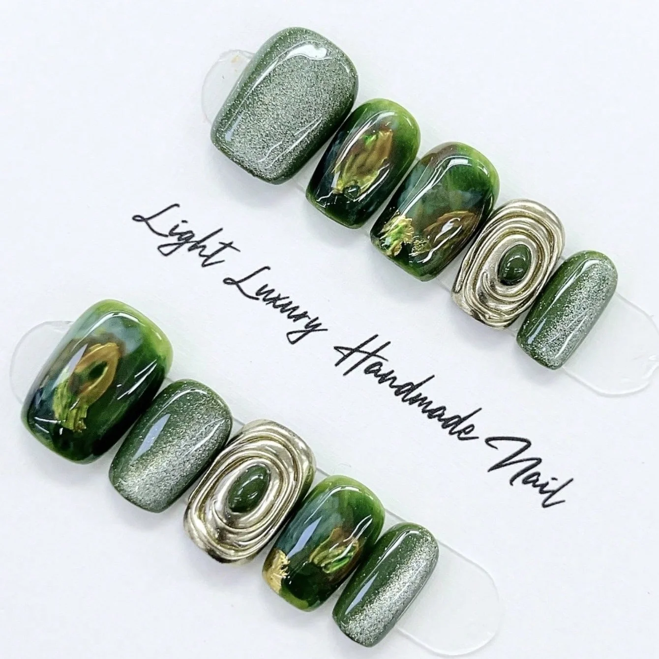 10 szt. ręcznie robionych, krótkich, kwadratowych paznokci do zdobienia, piękne sztuczne paznokcie, ciemnozielony gradient z brokatem, odpowiednie dla kobiet.