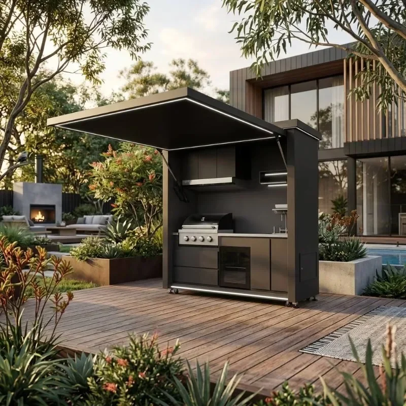 FL Outdoor Kitchen Station Waterproof BBQ Cabinetry with Smart LED Canopy Integrated Sink for Garden Villa Custom