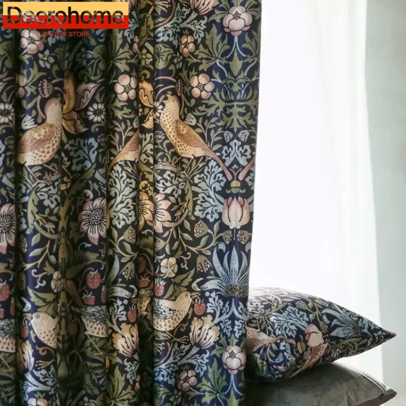 

American Style Garden Flowers and Birds Green Jacquard Thickened Cotton and Linen Curtains for Living Room Bedroom Balcony