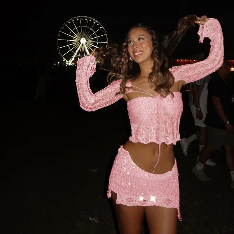 2024 Summer New Women's Beaded Knitted Sweater 3-piece Set Women Cardigan Y2k Gothic Clothes Cardigan Crop Top