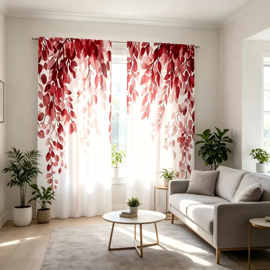 2PCS Digital Print  Curtain, Draping Red Leaves, Bohemian Style  Curtain Panel for Home Living Room Bedroom Decor