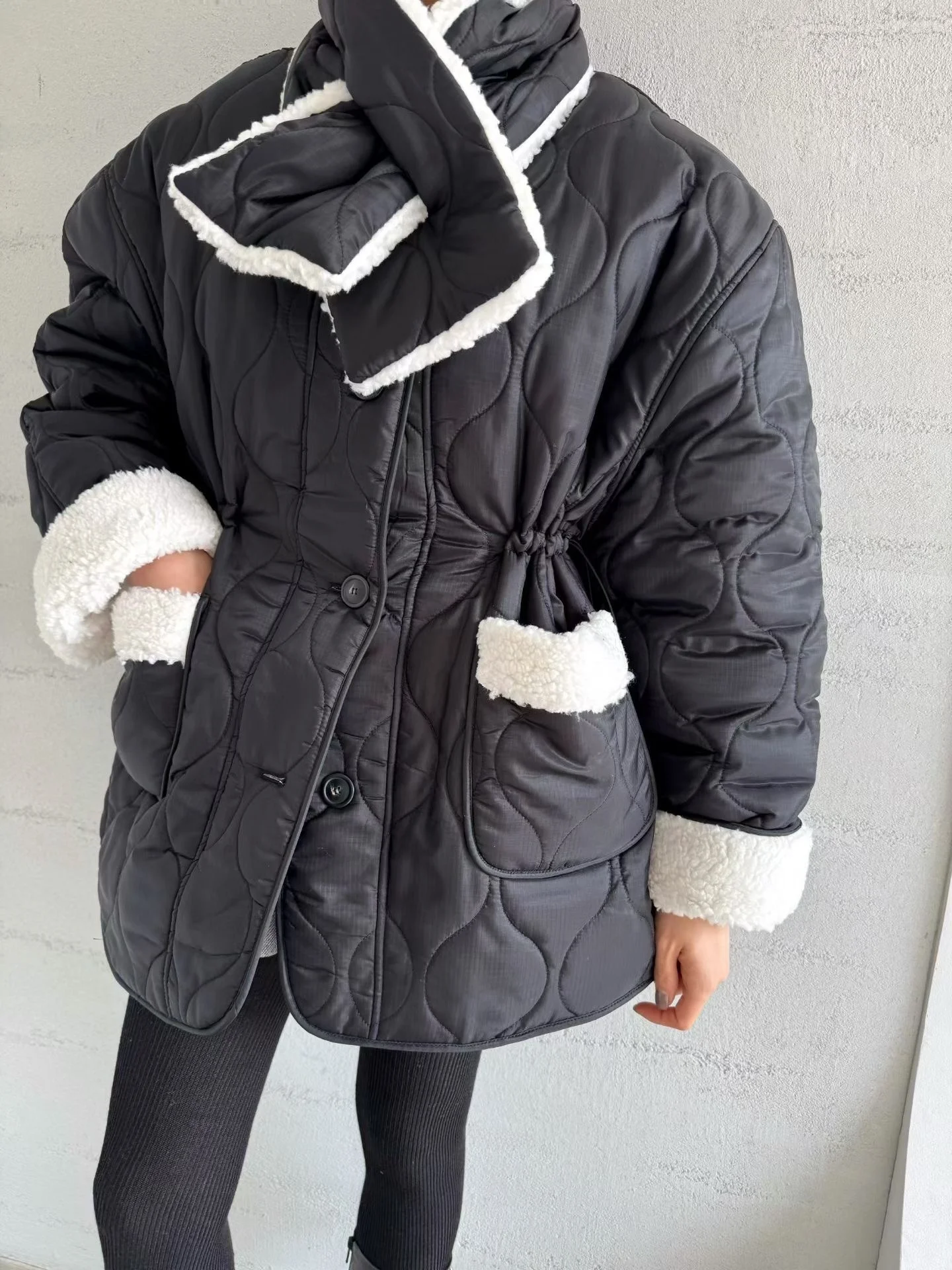 

Chic Vintage Thiened Winter Cotton Jaet with Scarf Warm Sli Versatile Commute Sle Suitable for Various Scenarios