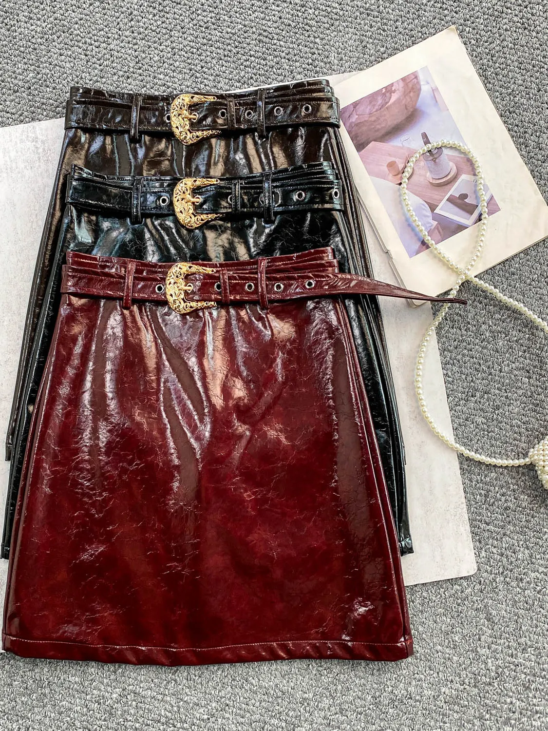 

High Waist Belted Bla Leather Skirt Women's Sli Slimming Wrap around Skirt for Autumn Winter Trendy Ci Commute