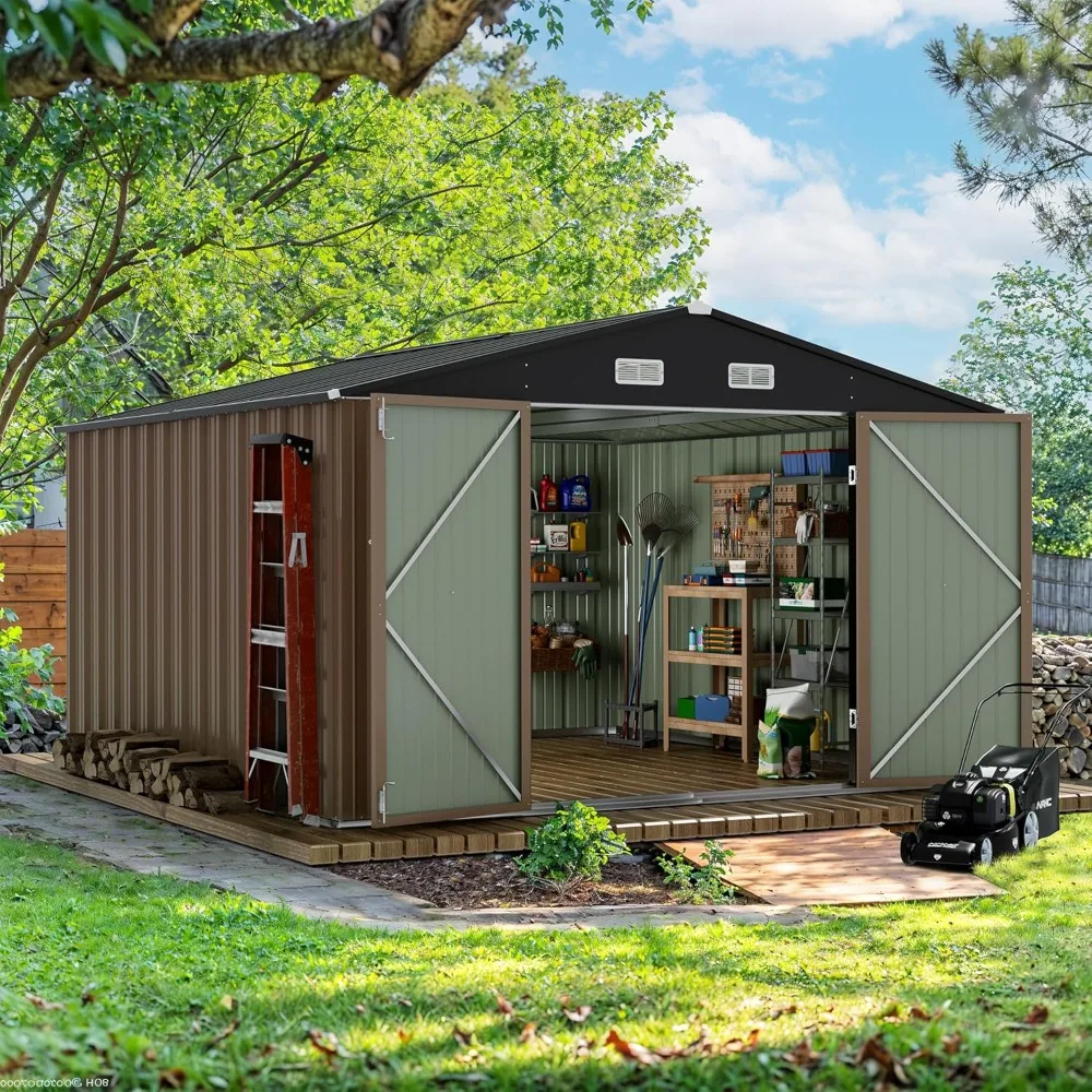 

10 x 10 FT Outdoor Storage Shed, Metal Sheds & Outdoor Storage House for Patio Garden (Brown) Freight free