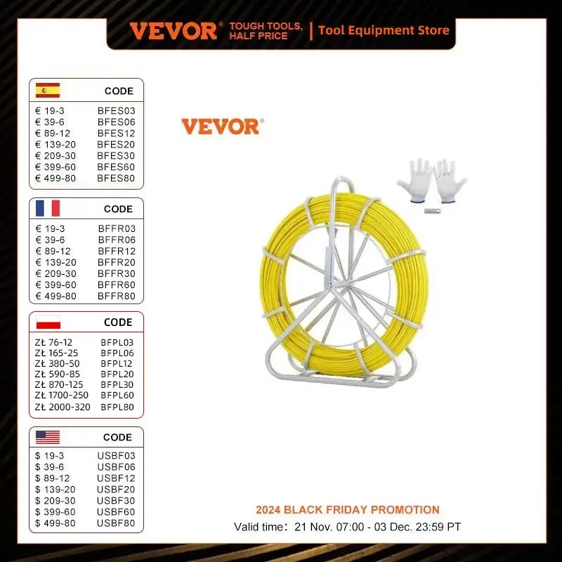 VEVOR Fish Tape Fiberglass 492 ft Duct Rodder Fishtape Wire Puller Fishing Tools for Walls and Electrical Conduit Non-Conductive