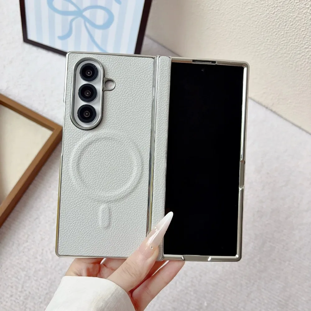 Lychee Texture PU Leather Magnetic Case For Samsung Galaxy Z Fold 8 Ultra 8 7 Anti-Fingerprint Wireless Charging Protector Cover