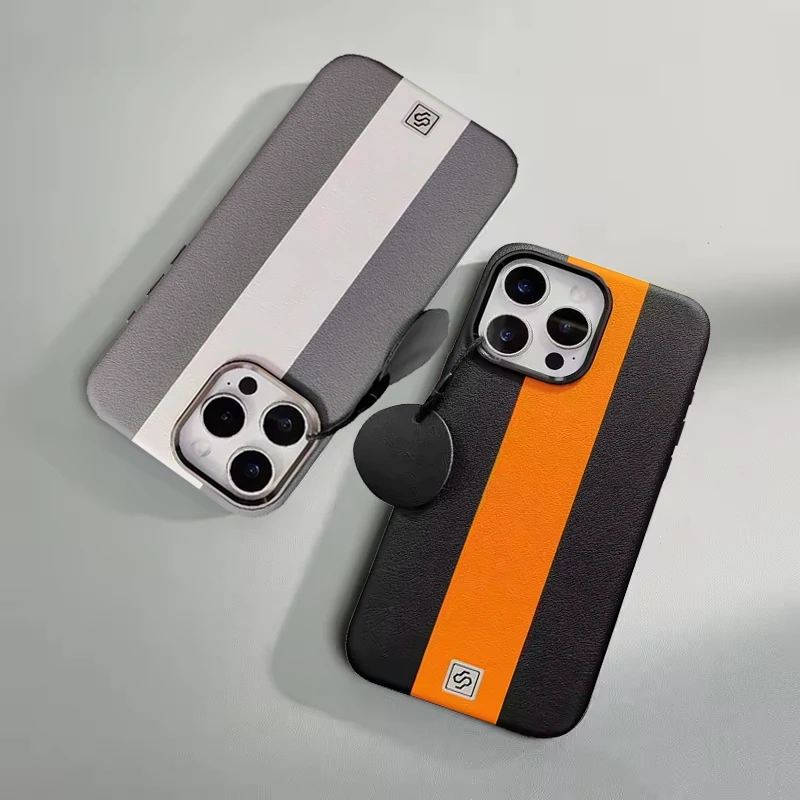 

Ultra-thin Color Splicing Pu Leather Magnetic Phone Case for IPhone 13 14 15 16 Pro Max Alloy Lens Wireless Charging Back Cover